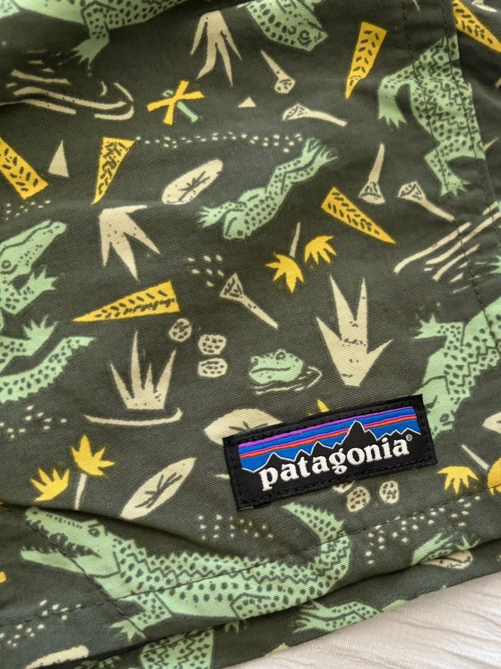 Patagonia Men’s Dark Green Alligator Print Hybrid Shorts- RARE